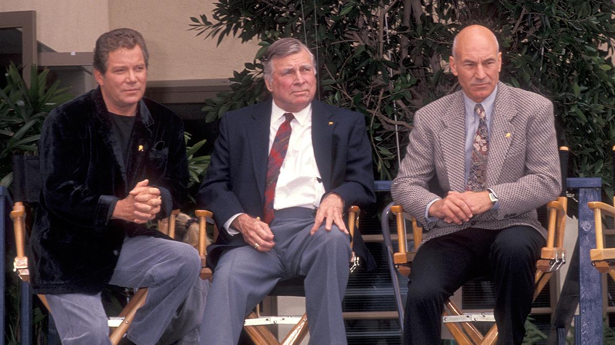 HOLLYWOOD, CA - JUNE 6:   Actor William Shatner, producer Gene Roddenberry and actor Patrick Stewart attend the "Star Trek" 25th Anniversary Celebration on June 6, 1991 at Paramount Pictures Studios in Hollywood, California. (Photo by Ron Galella, Ltd./Ron Galella Collection via Getty Images)