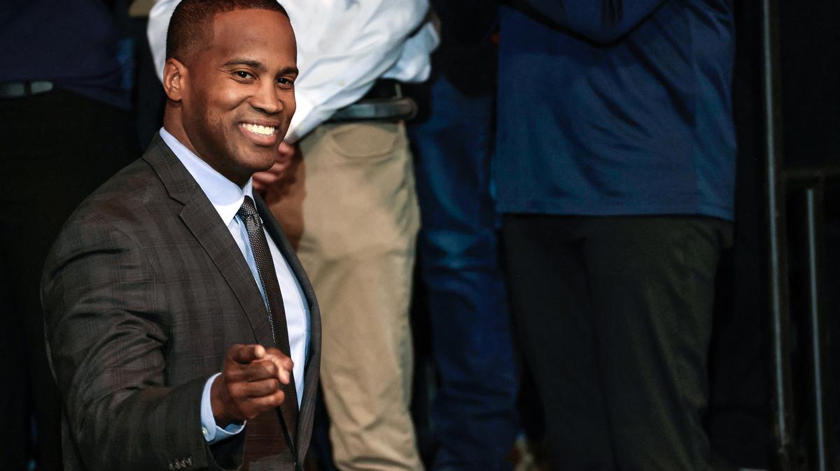 U.S. Rep. John James, a Republican from Michigan, arrives before U.S. Vice President JD Vance at Vantage Plastics in Bay City, Michigan on March 14, 2025. (Jeff Kowalsky/AFP via Getty Images/TNS)