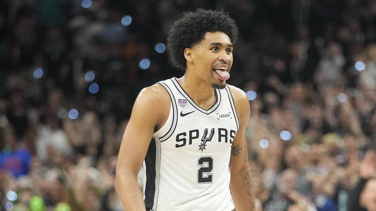  Jun 5, 2026; San Antonio, Texas, USA; San Antonio Spurs guard Dylan Harper (2) reacts in the fourth quarter during game two of the 2026 NBA Finals at Frost Bank Center. | Scott Wachter-Imagn Images 