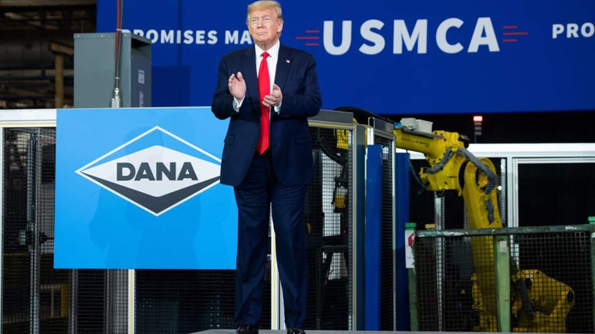 President Donald Trump arrives to speak about the United States- Mexico-Canada Agreement during a visit to Dana Incorporated, an auto supplier manufacturer, in Warren, Michigan, on Jan. 30, 2020. Trump said on Wednesday that the U.S. might not renew the free trade deal and criticized trade deficits with the other countries.