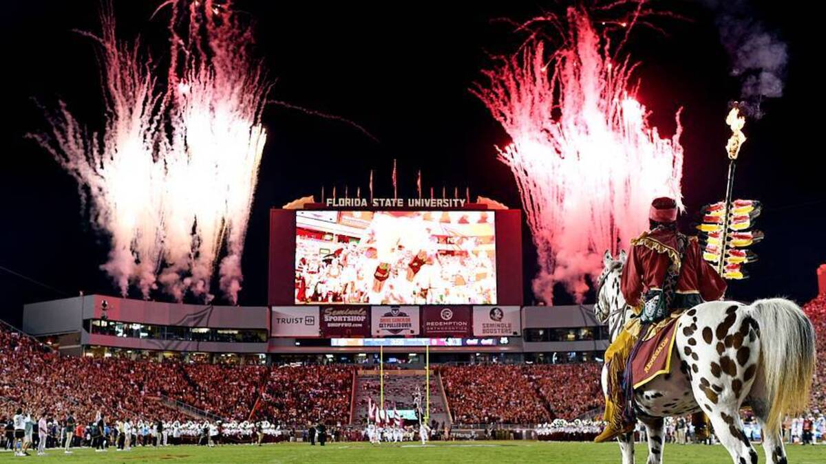  Oct 15, 2022; Tallahassee, Florida, USA; Florida State Seminoles symbols Osceola and Renegade watch as the team come out of the tunnel before a game against the Clemson Tigers at Doak S. Campbell Stadium. Mandatory Credit: Melina Myers-USA TODAY Sports | USA TODAY Sports 
