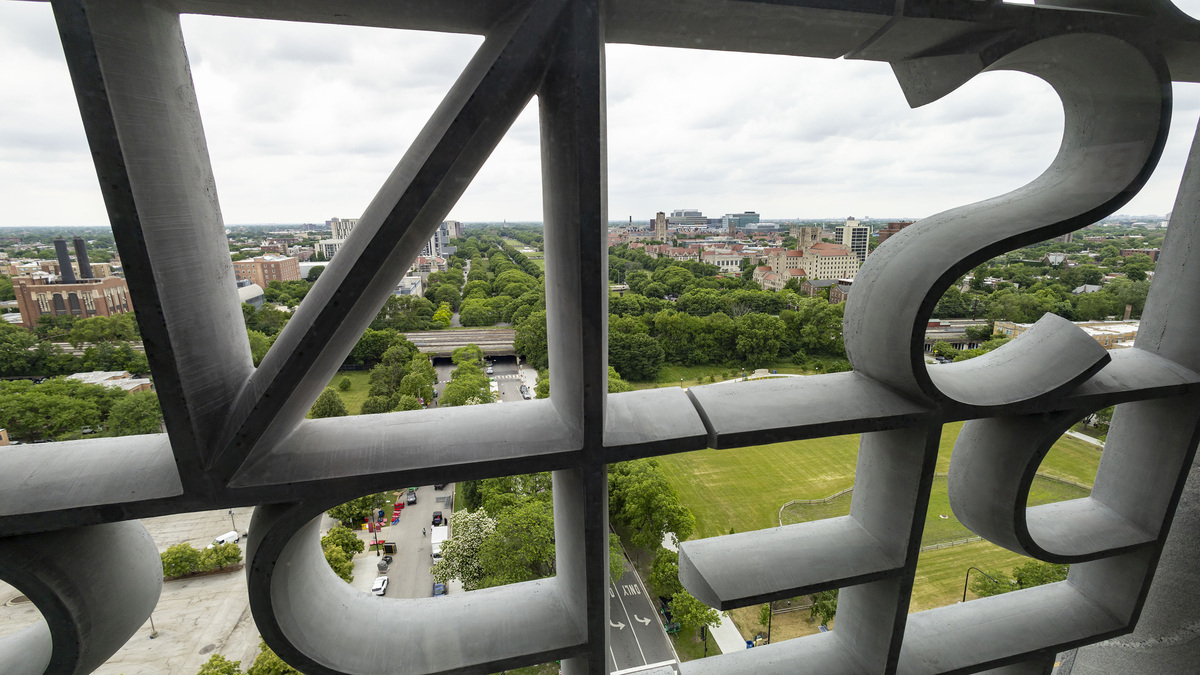 A view through words from President Barack Obama’s 2015 speech in Selma from the Sky Room show the South Side from the Obama Presidential Center on June 8, 2026, in Chicago’s Jackson Park. (Brian Cassella/Chicago Tribune/TNS)