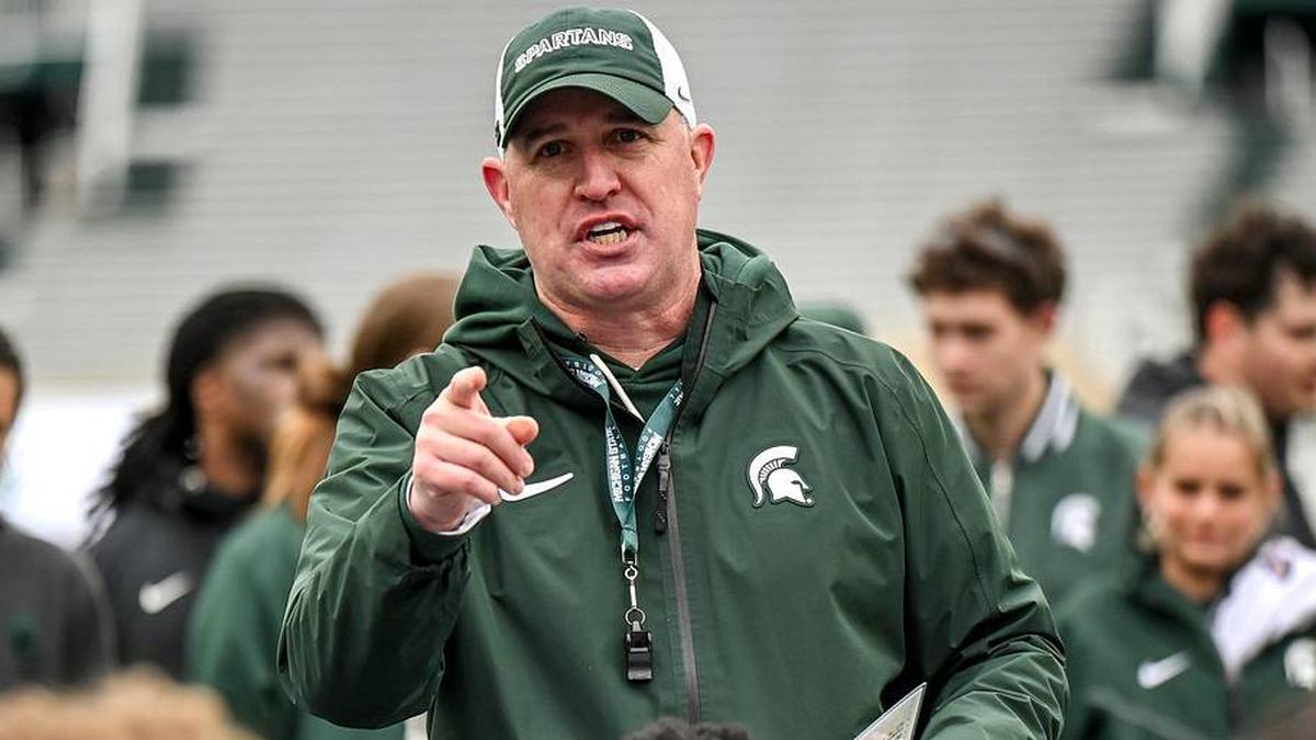  Michigan State's head coach Pat Fitzgerald addresses the team at the end of the football Spring Showcase on Saturday, April 18, 2026, at Spartan Stadium in East Lansing. | Nick King/Lansing State Journal / USA TODAY NETWORK via Imagn Images 