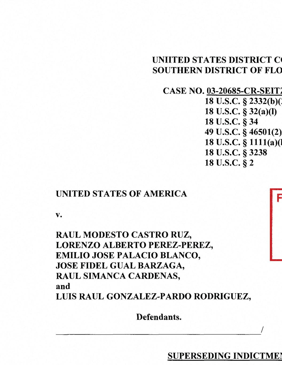 A leading page of the U.S. federal indictment of former Cuban President Raul Castro, who has been indicted in the United States on murder charges, is seen after being released by the U.S. Government in Washington, D.C., U.S., May 20, 2026. U.S. Justice Department/Handout via REUTERS