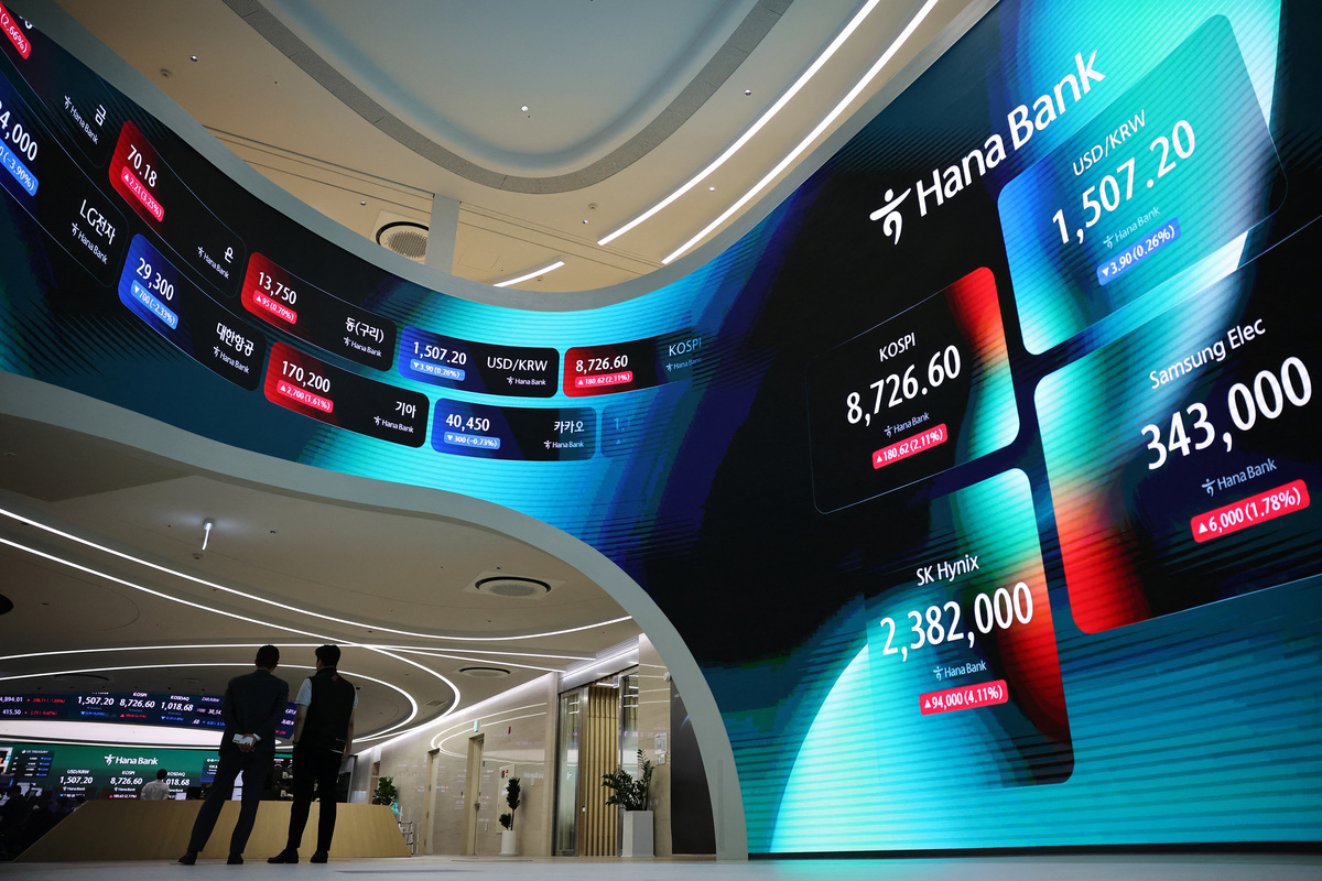 Employees stand in front of electronic boards as they work a late-night shift in preparation for the launch of South Korea's 24-hour won-dollar trading market from July 6, at Hana Bank's dealing room in Seoul, South Korea, June 16, 2026. REUTERS/Kim Hong-Ji