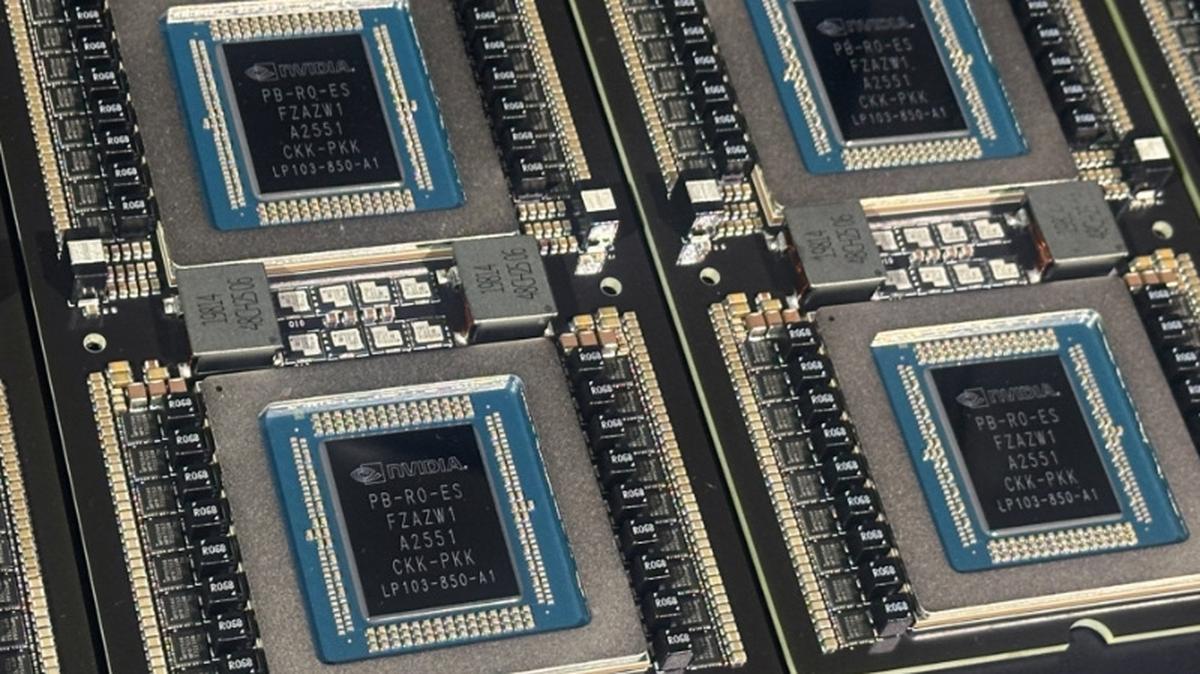 Nvidia's Groq 3 chip are displayed at the company's GTC conference in San Jose, California, U.S., March 17, 2026. REUTERS/Max A. Cherney