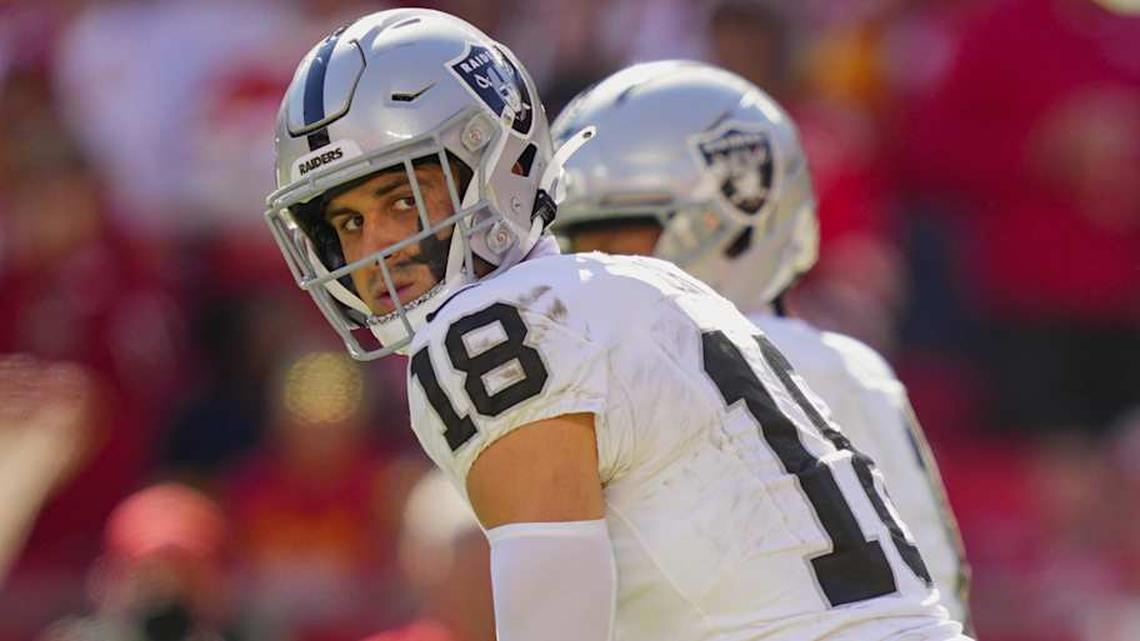  Oct 19, 2025; Kansas City, Missouri, USA; Las Vegas Raiders wide receiver Jack Bech (18) gets ready prior to the snap during the second half against the Kansas City Chiefs at GEHA Field at Arrowhead Stadium. Mandatory Credit: Jay Biggerstaff-Imagn Images | Jay Biggerstaff-Imagn Images 