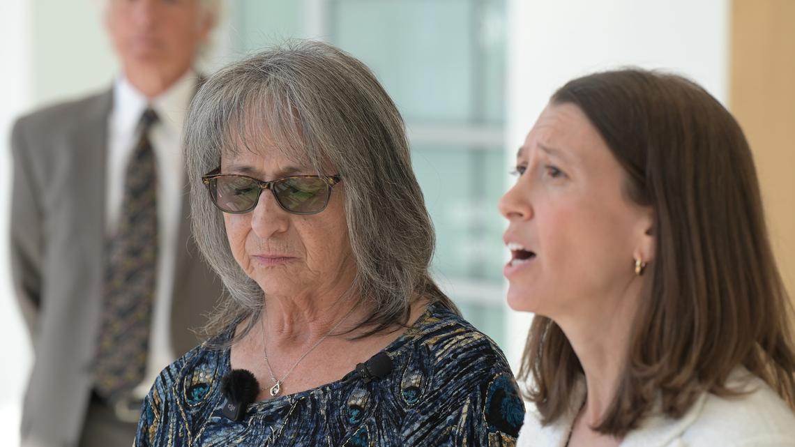 Stephen Martinez’s aunt, Theresa Garcia, left, and Stephen’s attorney, Jeanne Segil, right, speak at a news conference at the Lindsey-Flanigan Courthouse in Denver on Tuesday, April 21, 2026. Martinez was serving a life sentence after being convicted of killing a 4-month-old baby in 1998. He will be set free after a judge erased his conviction in light of new evidence that suggests the infant died from severe lung disease, not from being shaken. (Hyoung Chang/The Denver Post/TNS)