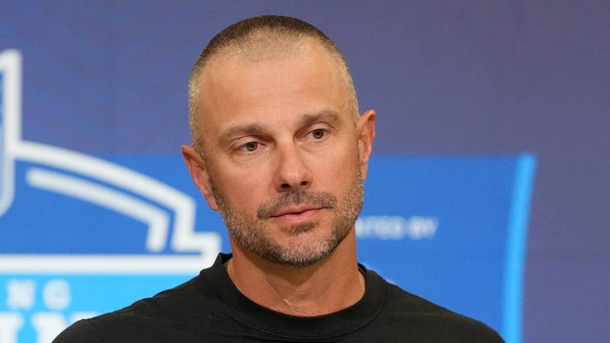  Feb 24, 2026; Indianapolis, IN, USA; Las Vegas Raiders general manager John Spytek speaks at the NFL Scouting Combine at the Indiana Convention Center. Mandatory Credit: Kirby Lee-Imagn Images | Kirby Lee-Imagn Images 