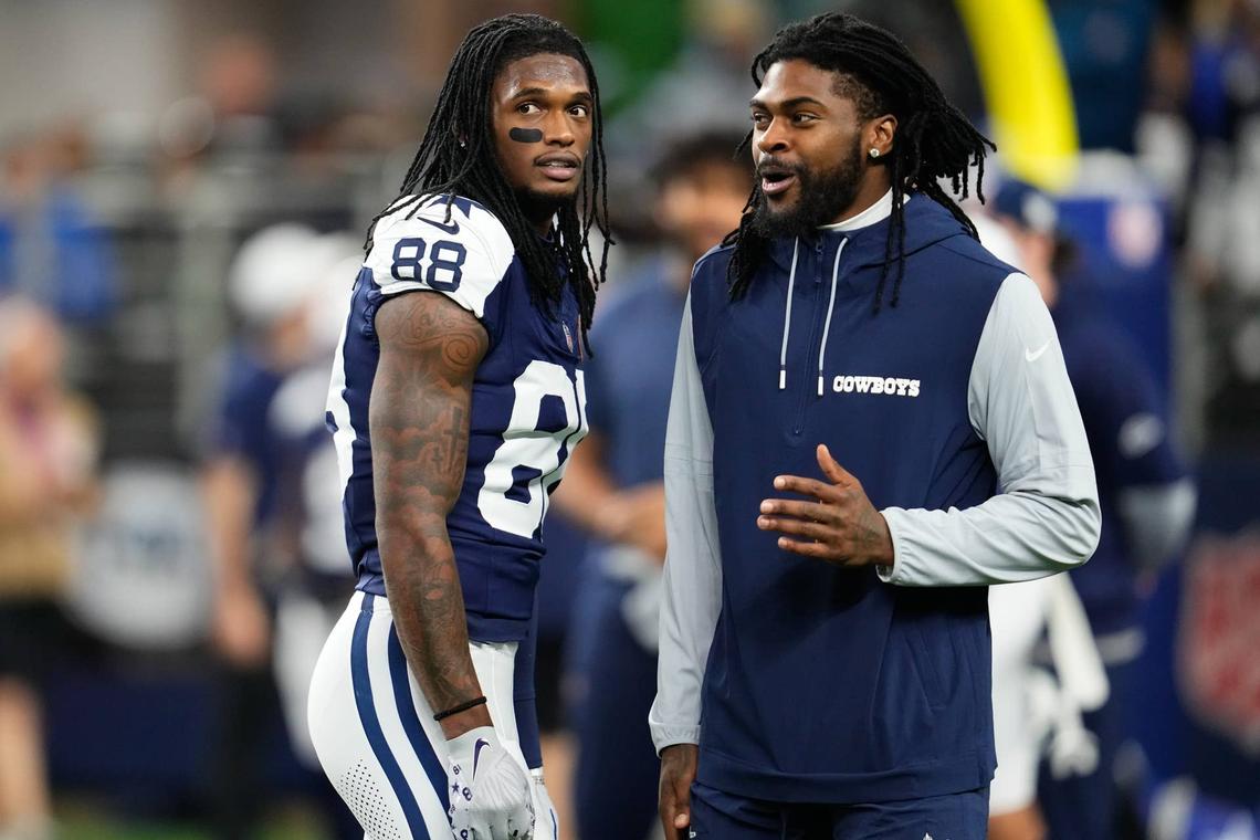  Dallas Cowboys wide receiver CeeDee Lamb (88) with cornerback Trevon Diggs (7) before an NFL game. Chris Jones-Imagn Images