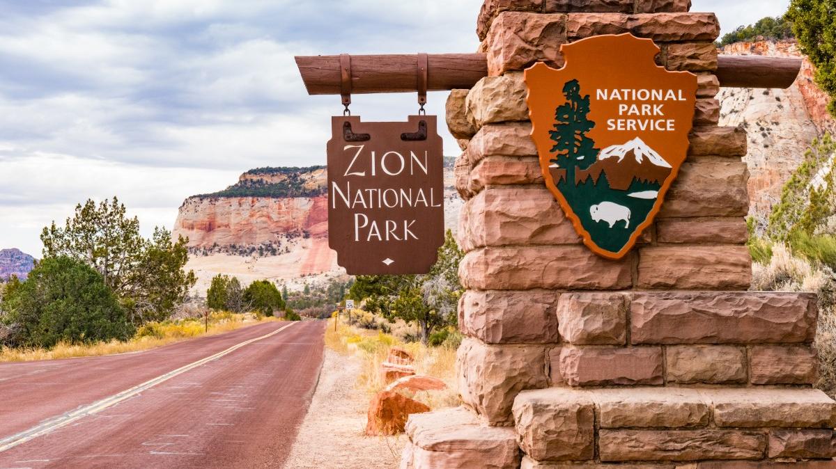 Zion National Park Entrance Sign. Stock image: the entrance sign to Zion National Park in Springdale, Utah, in 2017.