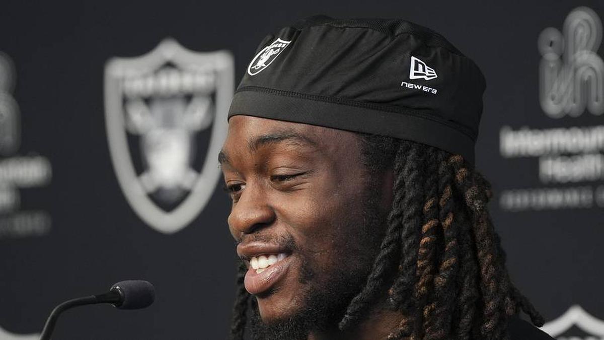 May 20, 2026; Henderson, NV, USA; Las Vegas Raiders running back Ashton Jeanty (2) speaks during a news conference during organized team activities at Intermountain Health Performance Center. Mandatory Credit: Candice Ward-Imagn Images | Candice Ward-Imagn Images 