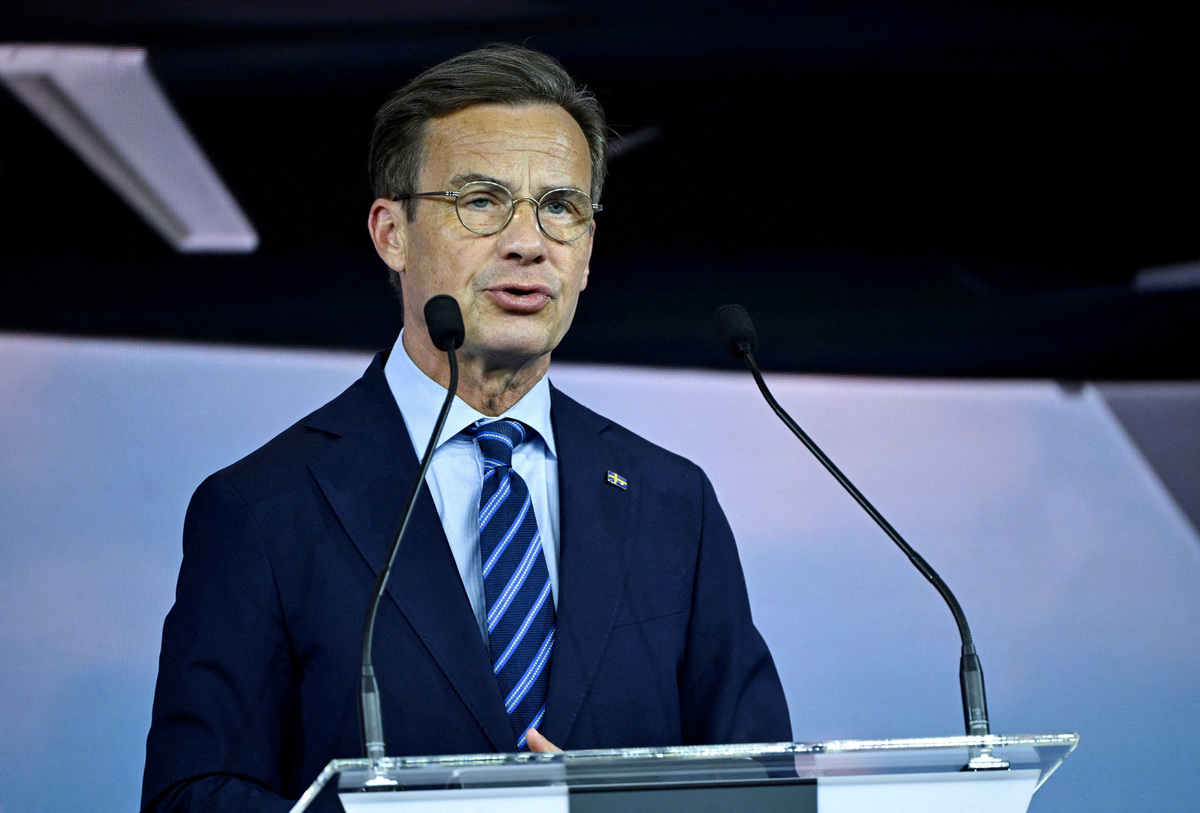 Sweden's Prime Minister Ulf Kristersson speaks at the Defence Industry Forum during the NATO Summit in Ankara, as NATO prepares to officially select the Swedish Saab GlobalEye surveillance platform in Turkey, July 7, 2026.  Lehtikuva/Emmi Korhonen via REUTERS