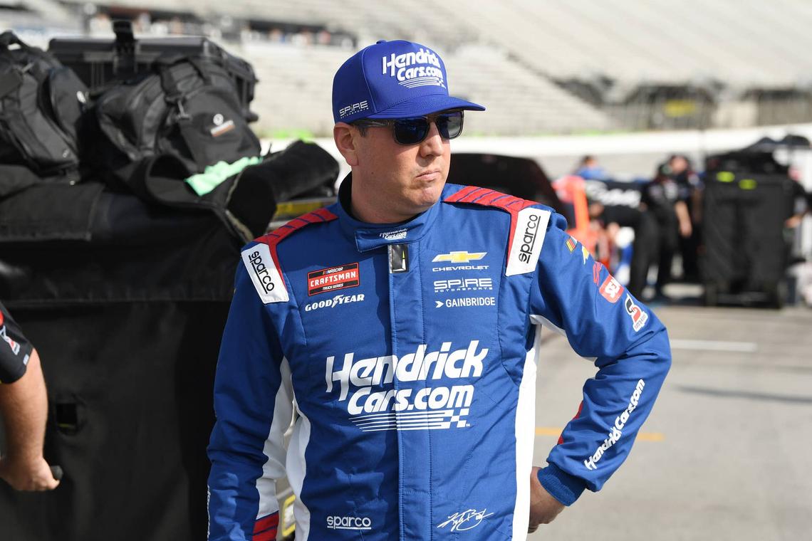  Kyle Busch waits ahead of qualifying for the Truck Series at Atlanta. (Photo by Jeffrey Vest/Icon Sportswire via Getty Images)