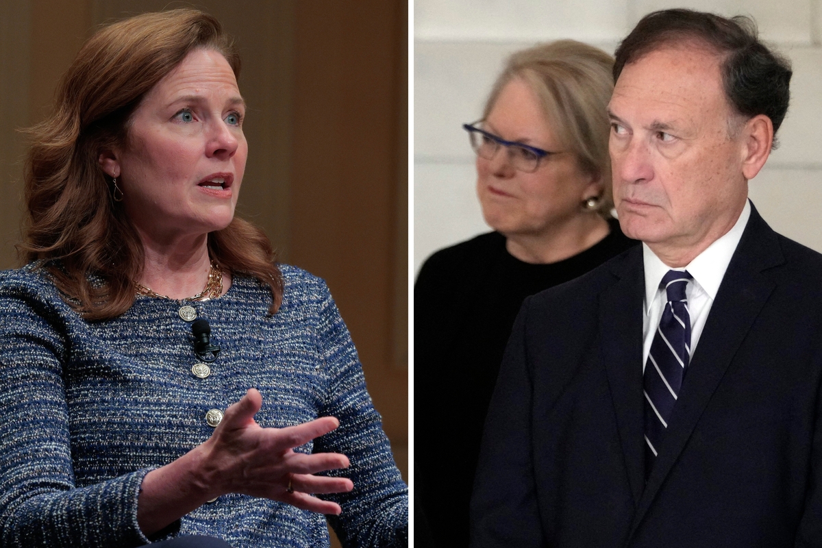  Left: U.S. Supreme Court Associate Justice Amy Coney Barrett participates in the Supreme Court Fellows Program Annual Lecture in the Coolidge Auditorium at the Library of Congress on March 12, 2026 in Washington, DC. Right: Supreme Court Justice Clarence Thomas and Justice Samuel Alito attend a private ceremony for retired Supreme Court Justice Sandra Day O’Connor before public repose in the Great Hall at the Supreme Court in Washington, DC, on December 18, 2023. 