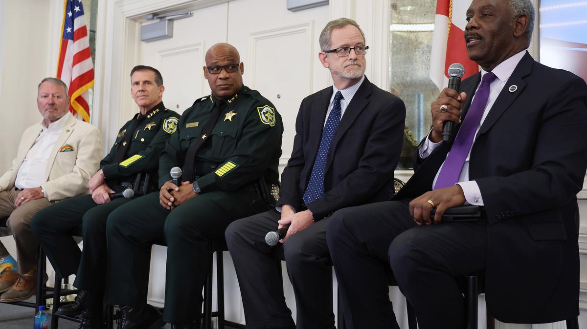 A panel discussion remembering the Pulse nightclub tragedy 10 years later, from left, with Orlando Mayor Buddy Dyer; Orange County Sheriff John Mina; Orange County Undersheriff Mark Canty; Dr. Michael L. Cheatham; and Orange County Mayor Jerry L. Demings; during a Tiger Bay Club meeting at the Citrus Club, on May 22, 2026, in Orlando, Florida. (Ricardo Ramirez Buxeda/Orlando Sentinel/TNS)
