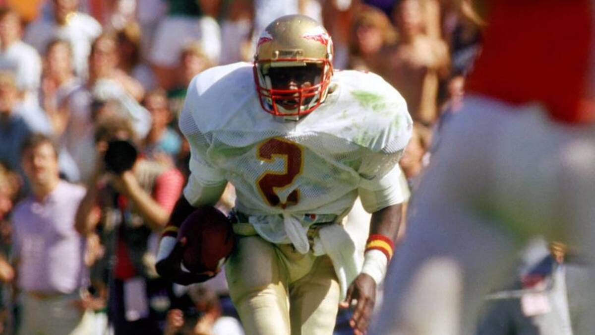  Nov 1, 1986; Miami, FL, USA; FILE PHOTO; Florida State Seminoles cornerback #2 DEION SANDERS in action against the Miami Hurricanes at the Orange Bowl. Miami defeated Florida State 41-23. Mandatory Credit: Photo By Imagn Images © Copyright Imagn Images | RVR Photos-Imagn Images 