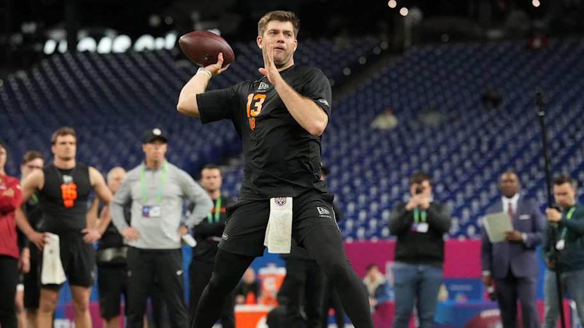  Feb 28, 2026; Indianapolis, IN, USA; LSU quarterback Garrett Nussmeier (QB13) during the NFL Scouting Combine at Lucas Oil Stadium. | Kirby Lee-Imagn Images 