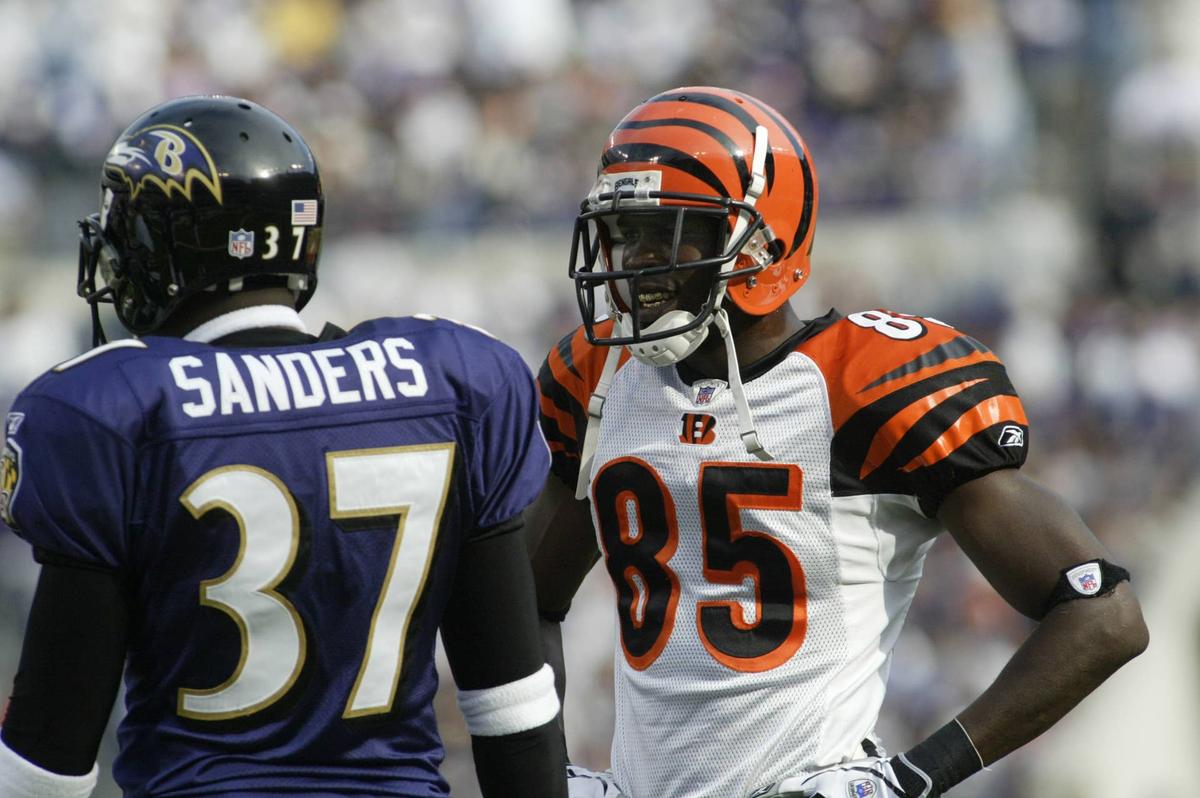  Former Cincinnati Bengals wide receiver Chad Johnson has words with former Baltimore Ravens cornerback Deion Sanders during the 2005 season. Geoff Burke-Imagn Images