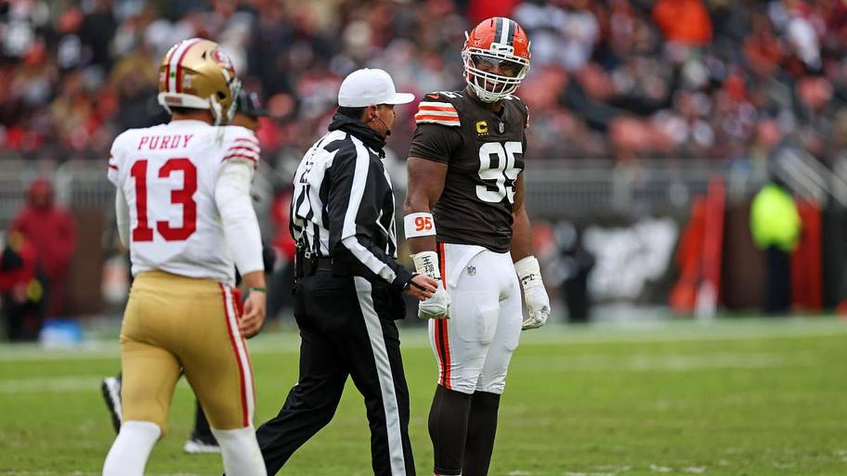  Nov 30, 2025; Cleveland, Ohio, USA; Cleveland Browns defensive end Myles Garrett (95) reacts after a play against San Francisco 49ers quarterback Brock Purdy (13) during the second half at Huntington Bank Field. Mandatory Credit: Scott Galvin-Imagn Images | Scott Galvin-Imagn Images 
