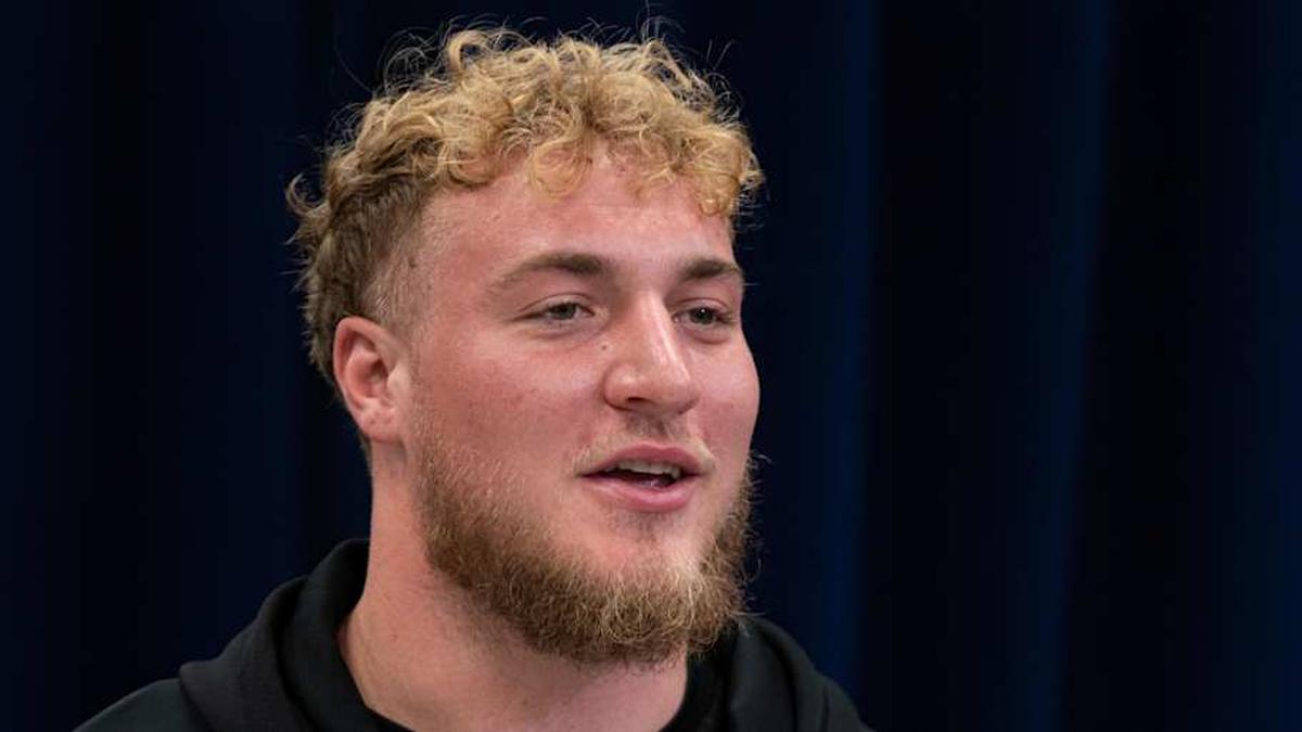  Feb 28, 2026; Indianapolis, IN, USA; UCLA offensive lineman Garrett Digiorgio (OL19) speaks to members of the media during the NFL Combine at the Indiana Convention Center. Mandatory Credit: Jacob Musselman-Imagn Images | Jacob Musselman-Imagn Images 