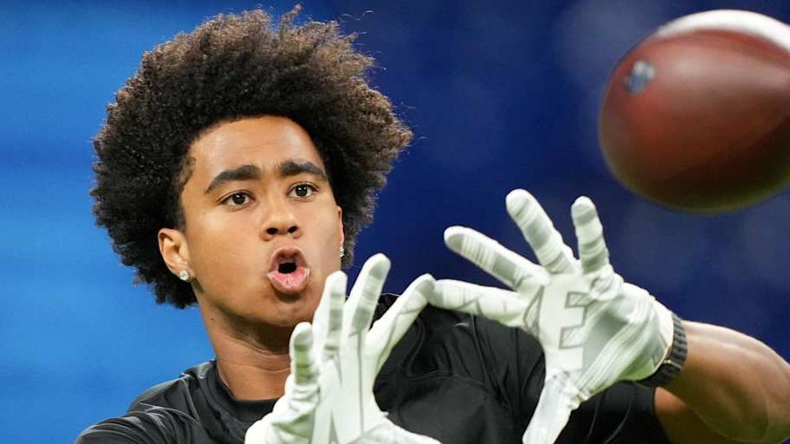  Feb 28, 2026; Indianapolis, IN, USA; Southern California wideout Ja'Kobi Lane (WO27) during the NFL Scouting Combine at Lucas Oil Stadium. | Kirby Lee-Imagn Images 