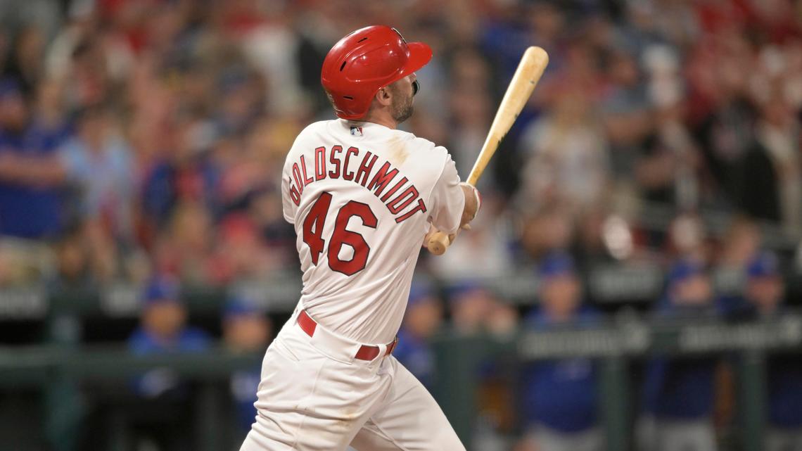 St. Louis Cardinals’ Paul Goldschmidt hits a winning walkoff home run during the 10th inning of a baseball game against the Toronto Blue Jays, Monday, May 23, 2022, in St. Louis. (AP Photo/Arnold J. Ward)