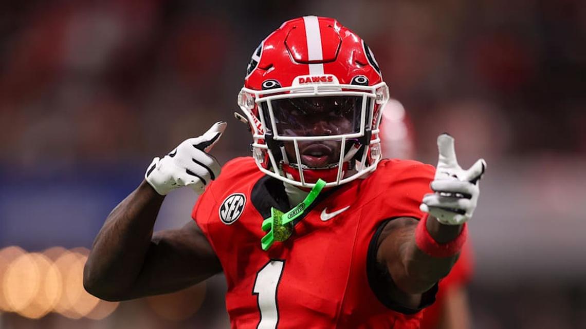  Nov 28, 2025; Atlanta, Georgia, USA; Georgia Bulldogs wide receiver Zachariah Branch (1) reacts after a first down against the Georgia Tech Yellow Jackets in the second quarter at Mercedes-Benz Stadium. Mandatory Credit: Brett Davis-Imagn Images | Brett Davis-Imagn Images 