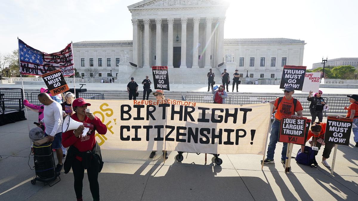 People demonstrate outside the U.S. Supreme Court ahead of U.S. President Donald Trump's expected arrival on Wednesday, April 1, 2026, in Washington, D.C. The Supreme Court is hearing oral arguments in Trump v. Barbara to determine if President Trump's executive order ending birthright citizenship is constitutional. (Al Drago/Getty Images/TNS)