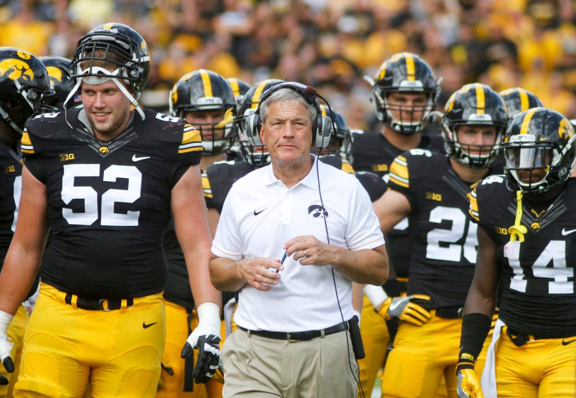  IOWA CITY, IOWA- SEPTEMBER 3: Head coach Kirk Ferentz of the Iowa Hawkeyes waits with his team during a play review in the second quarter against the Miami (OH) RedHawks on September 3, 2016 at Kinnick Stadium in Iowa City, Iowa. (Photo by Matthew Holst/Getty Images) 