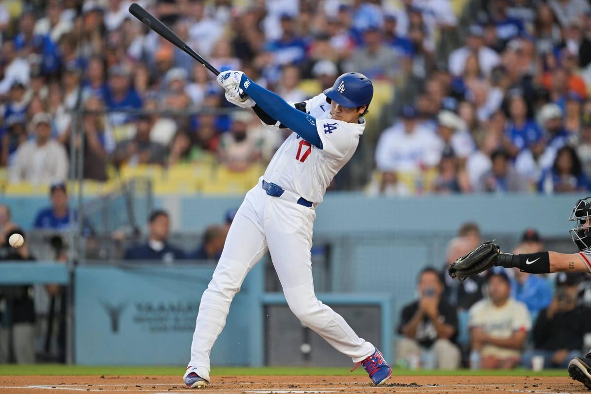  Los Angeles Dodgers two-way player Shohei Ohtani (17) grounds out in the first inning against the San Francisco Giants at Dodger Stadium. Jayne Kamin-Oncea-Imagn Images