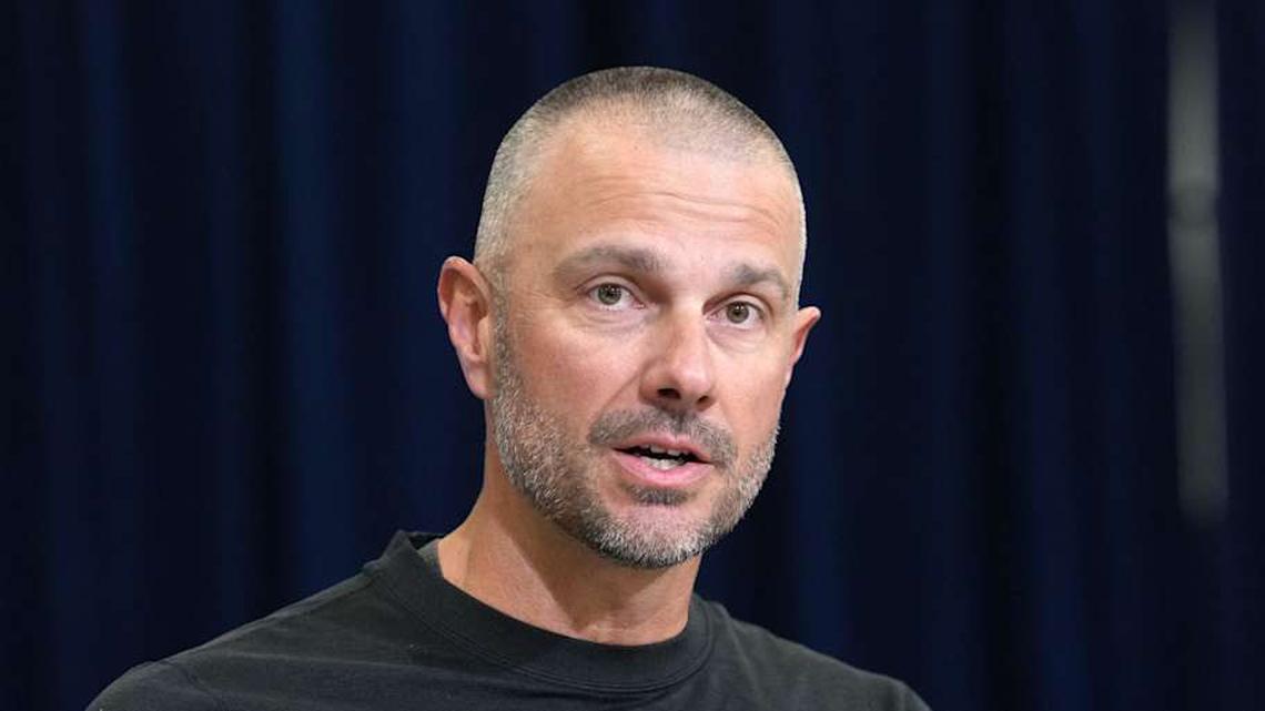  Feb 24, 2026; Indianapolis, IN, USA; Las Vegas Raiders general manager John Spytek speaks at the NFL Scouting Combine at the Indiana Convention Center. Mandatory Credit: Kirby Lee-Imagn Images | Kirby Lee-Imagn Images 