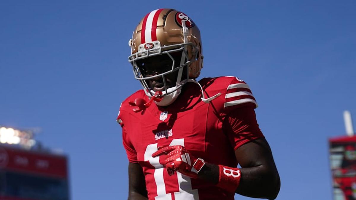  Oct 20, 2024; Santa Clara, California, USA; San Francisco 49ers wide receiver Brandon Aiyuk (11) walks on the field before the start of the game against the Kansas City Chiefs at Levi's Stadium. Mandatory Credit: Cary Edmondson-Imagn Images | Cary Edmondson-Imagn Images 