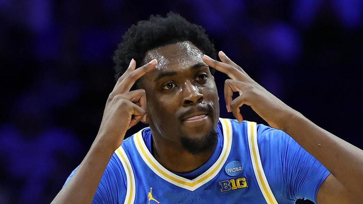  Mar 22, 2026; Philadelphia, PA, USA; UCLA Bruins center Xavier Booker (1) reacts against the UConn Huskies in the first half during a second round game of the men's 2026 NCAA Tournament at Xfinity Mobile Arena. Mandatory Credit: Bill Streicher-Imagn Images | Bill Streicher-Imagn Images 
