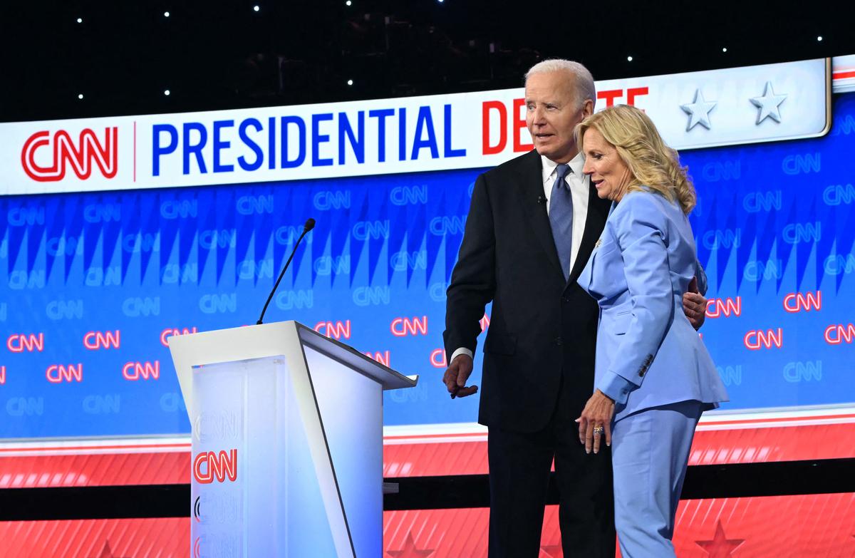  First lady Jill Biden joins President Joe Biden on stage after his debate with Donald Trump in Atlanta on June 27, 2024. 