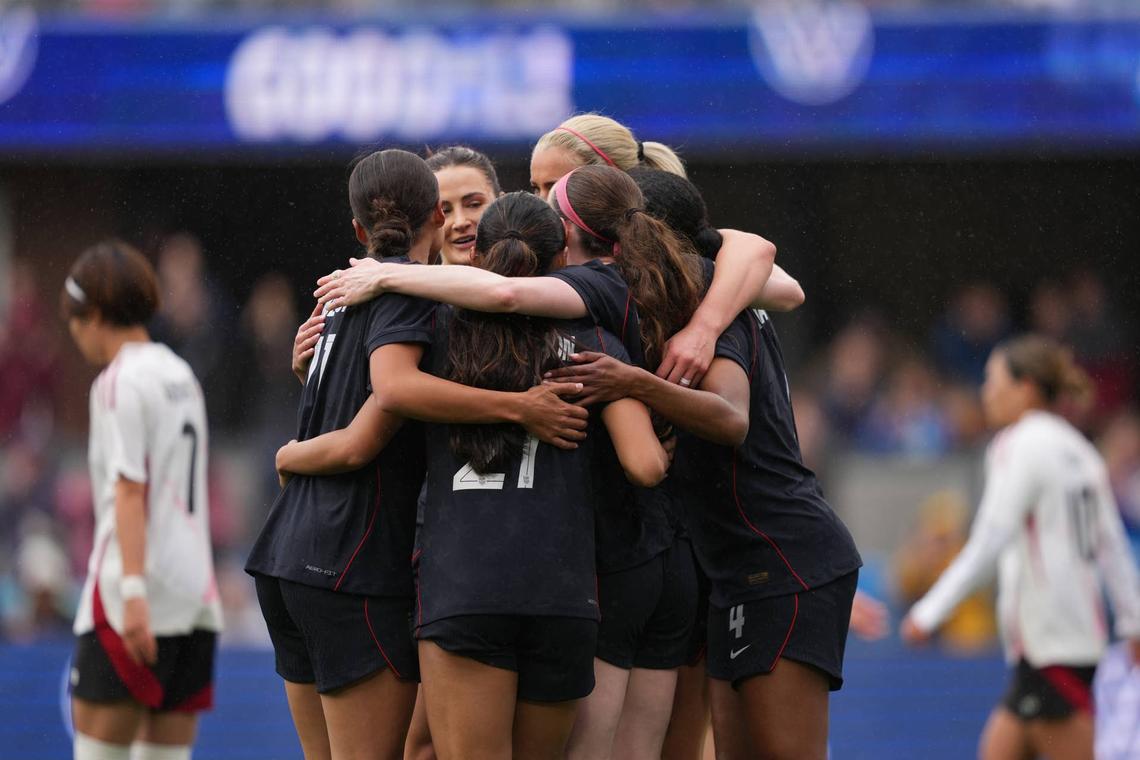  Rose Lavelle #16 of United States celebrates with teammates after scoring the team's first goal during the international friendly match between United States and Japan at PayPal Park on April 11, 2026 in San Jose, California. (Photo by Brad Smith/USSF/Getty Images) Photo by Brad Smith/USSF/Getty Images