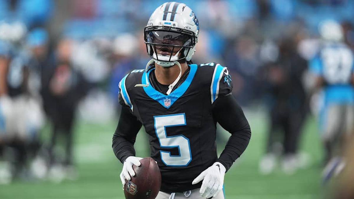  Dec 28, 2025; Charlotte, North Carolina, USA; Carolina Panthers running back Rico Dowdle (5) warms up before the game against the Seattle Seahawks at Bank of America Stadium. | Jim Dedmon-Imagn Images 
