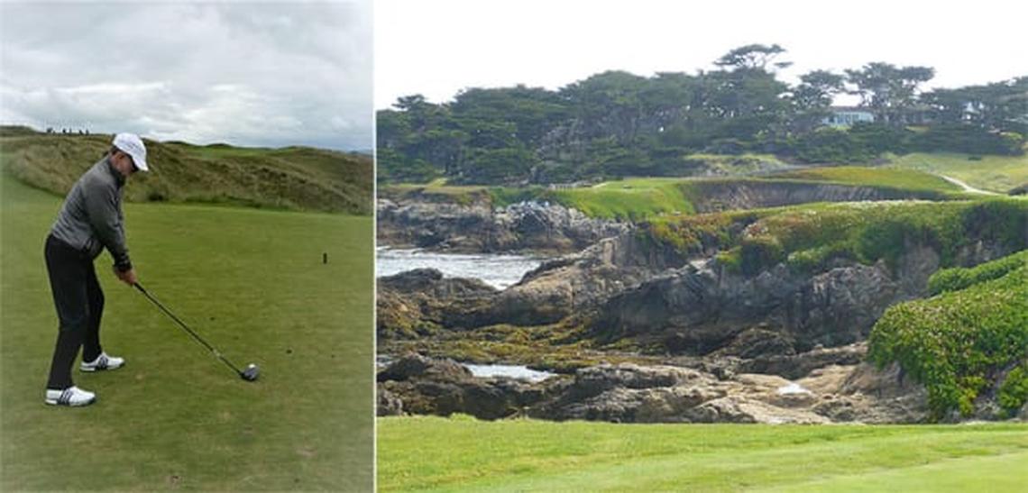 Royal Portush’s 16th at left and Cypress Point’s 16th at right.