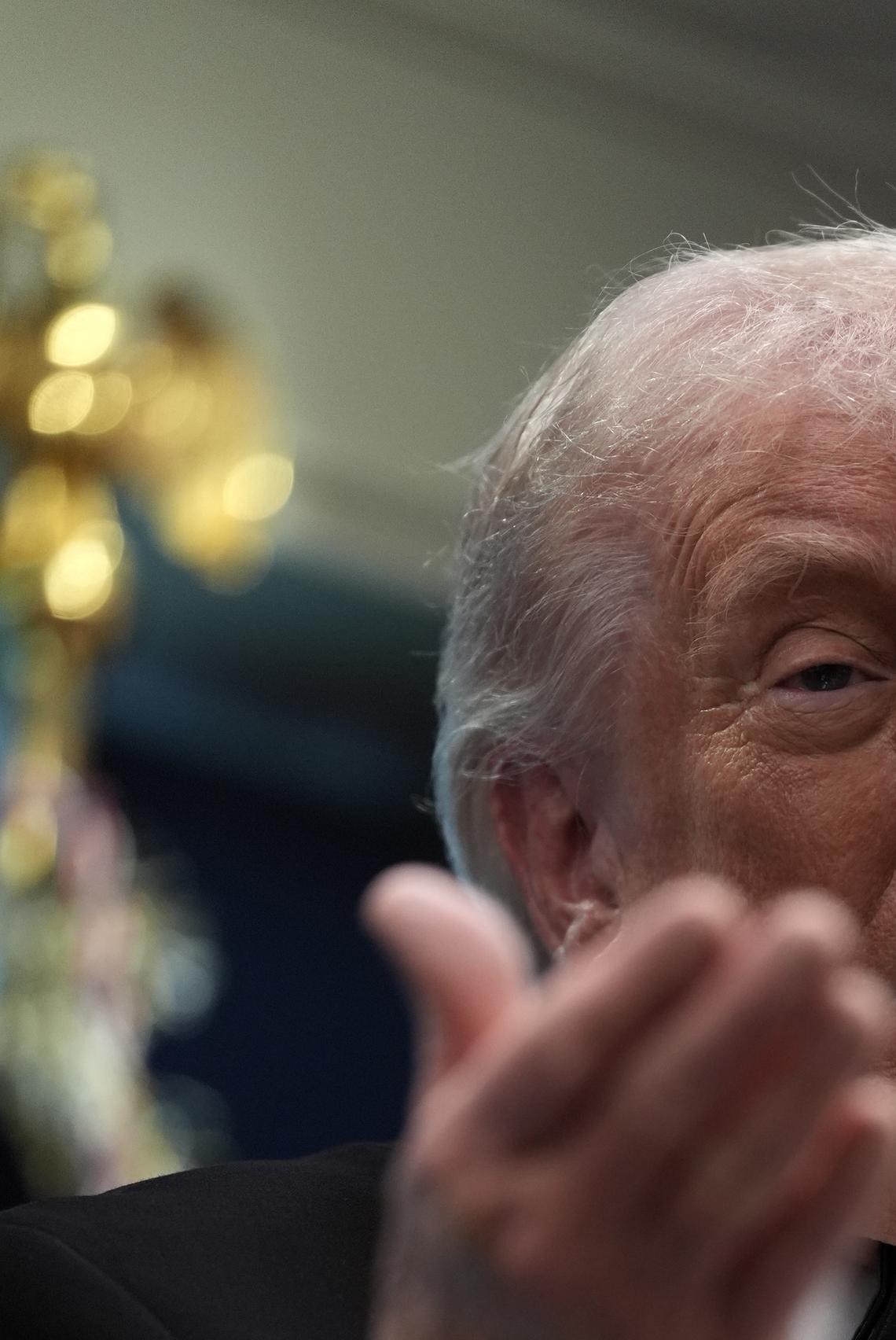 President Donald Trump briefs reporters at the White House after shots were fired during the White House Correspondents' Association dinner at the Washington Hilton in Washington on Saturday, April 25, 2026. Trump was rushed from the stage but was unharmed. (Salwan Georges/The New York Times)