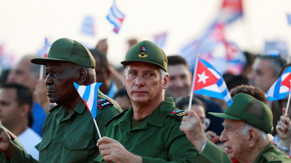 Cuba's President Miguel Diaz-Canel attends a government rally called by Cuban authorities to protest U.S. policies toward the island, including the indictment of the former president, in Havana, Cuba, May 22, 2026. REUTERS/Norlys Perez