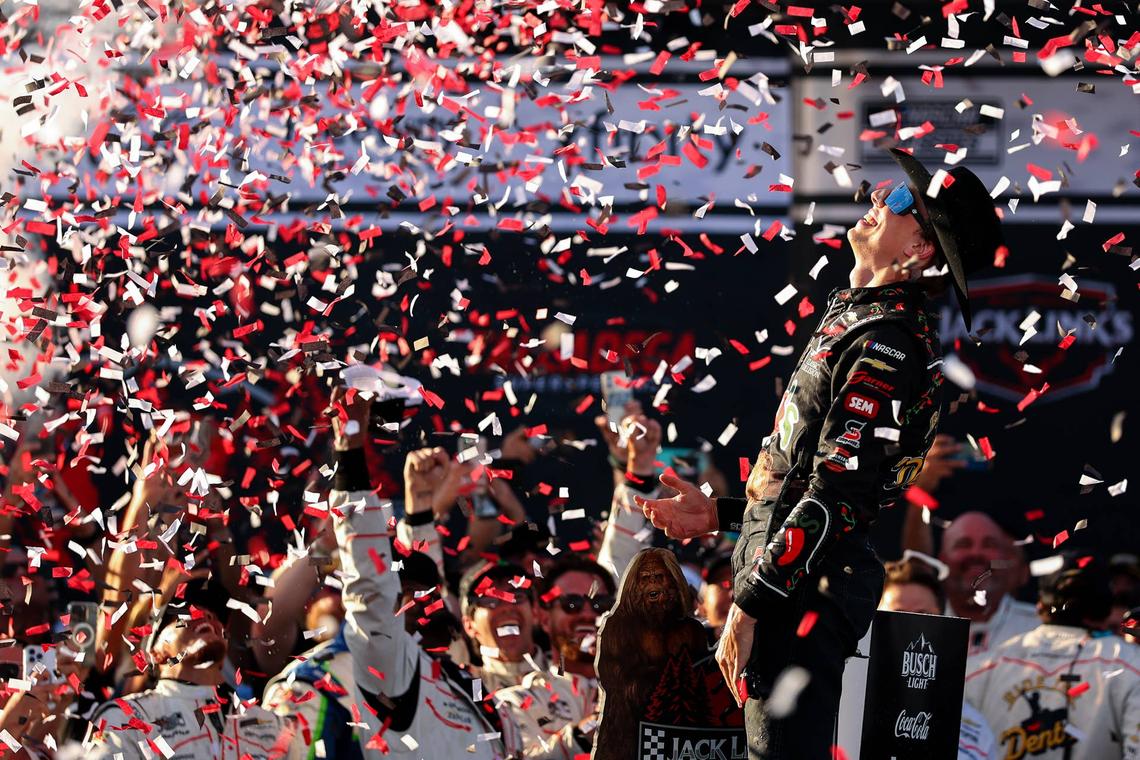 Carson Hocevar embraces the confetti in victory lane at Talladega. (Photo by David Jensen/Getty Images)
