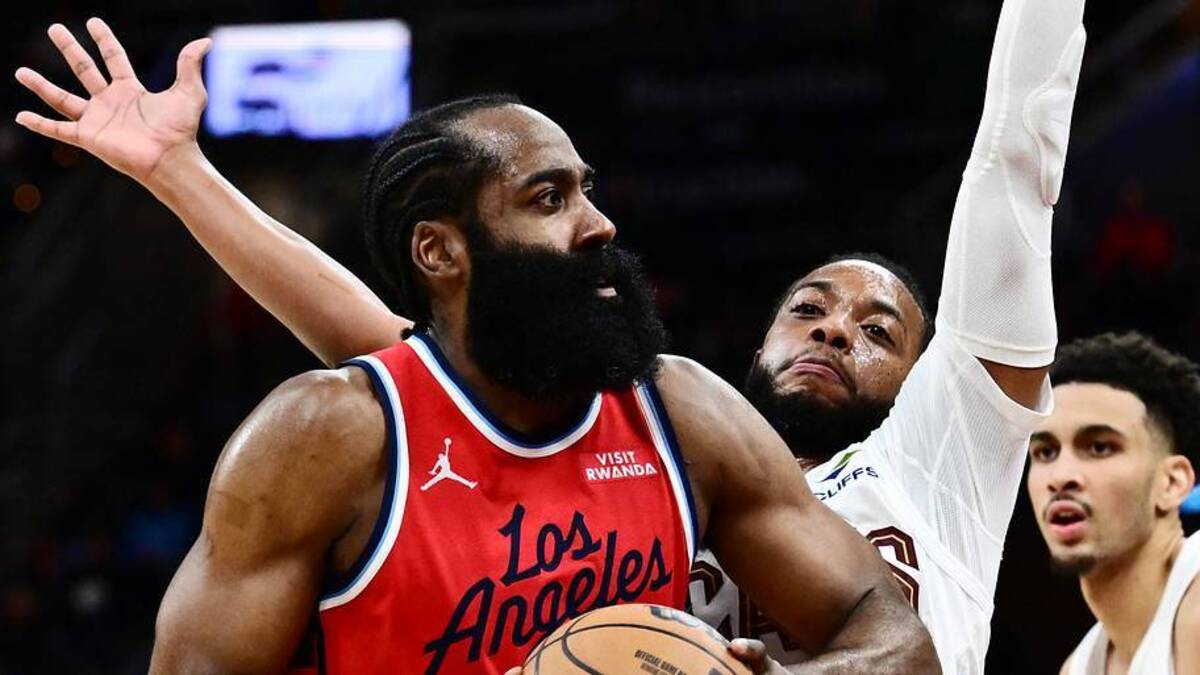 Nov 23, 2025; Cleveland, Ohio, USA; Los Angeles Clippers guard James Harden (1) drives to the basket against Cleveland Cavaliers guard Darius Garland (10) during the second half at Rocket Arena. Mandatory Credit: Ken Blaze-Imagn Images | IMAGN IMAGES via Reuters Connect 