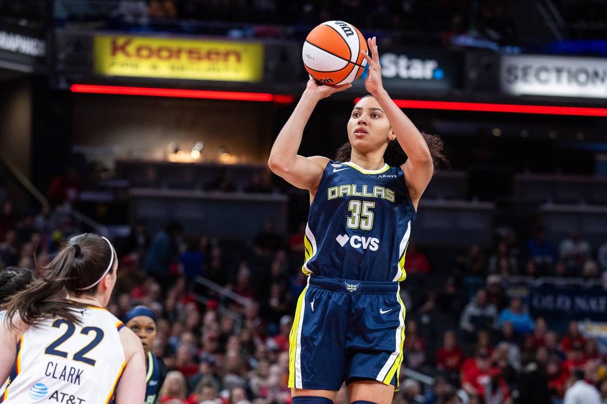  Dallas Wings guard Azzi Fudd (35) shoots the ball while Indiana Fever guard Caitlin Clark (22) defends. Trevor Ruszkowski-Imagn Images
