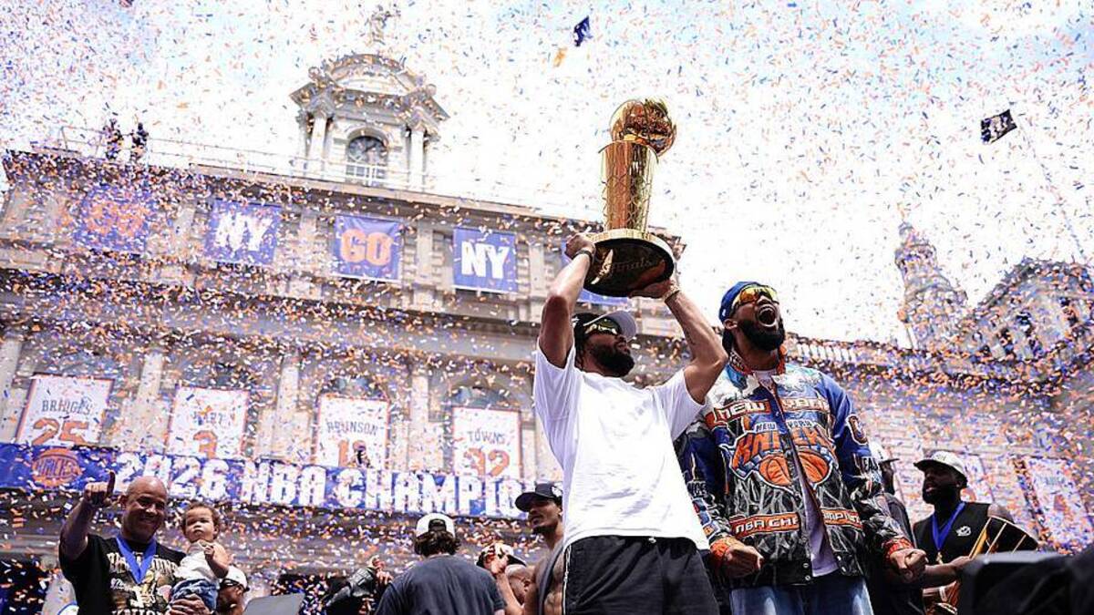  Jalen Brunson gave the final speech of the ceremony at City Hall. | Angelina Katsanis/Getty Images 