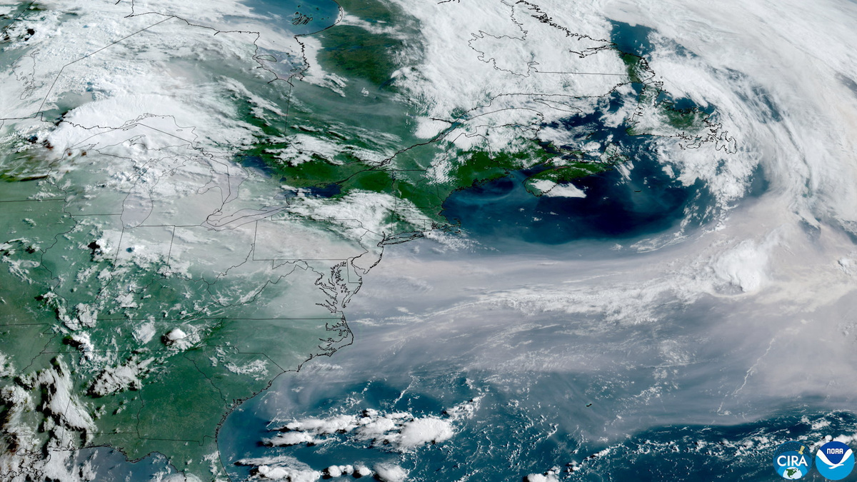 A satellite image shows lingering smoke from Canadian wildfires over multiple regions in North America, July 17, 2026.    