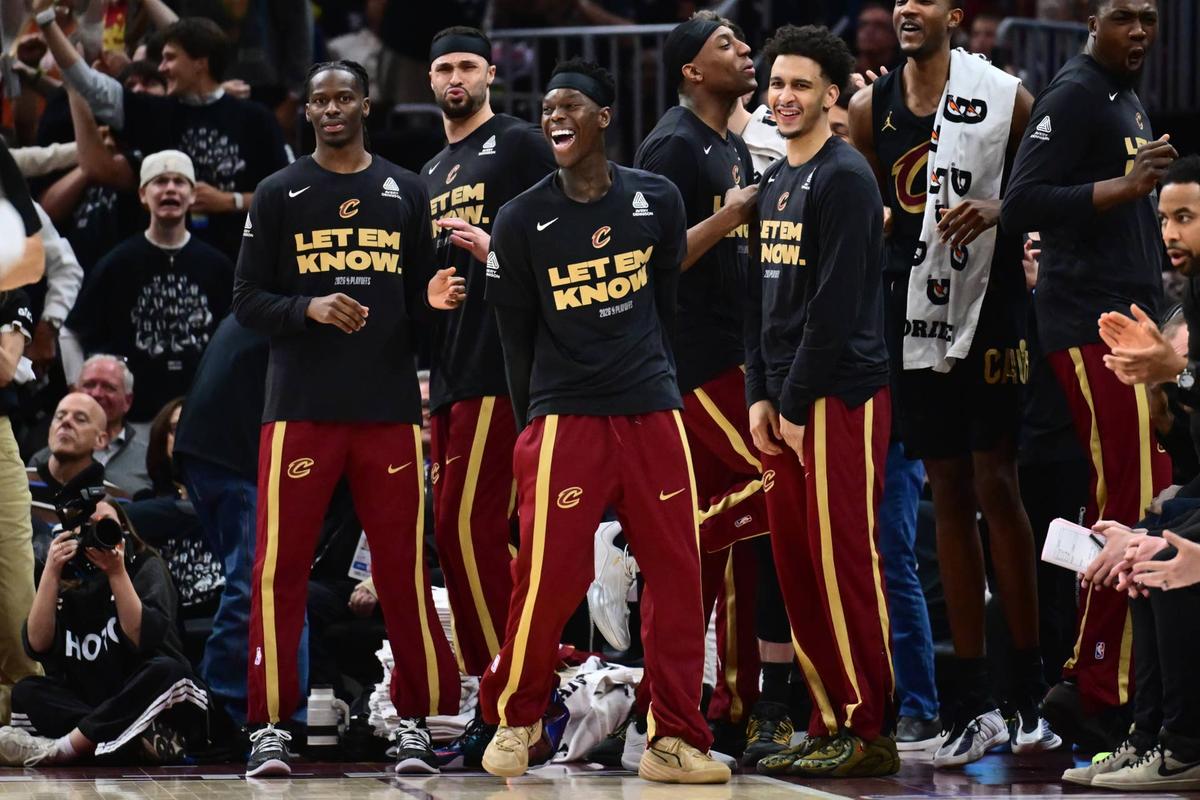  May 3, 2026; Cleveland, Ohio, USA; The Cleveland Cavaliers bench celebrates during the second half against the Toronto Raptors in game seven in the first round of the 2026 NBA Playoffs at Rocket Arena. Mandatory Credit: Ken Blaze-Imagn Images 