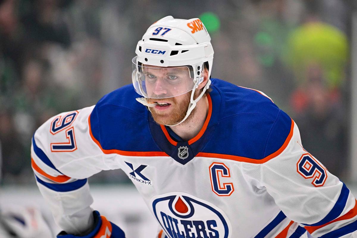  Edmonton Oilers center Connor McDavid (97) during a stoppage in play. Jerome Miron-Imagn Images