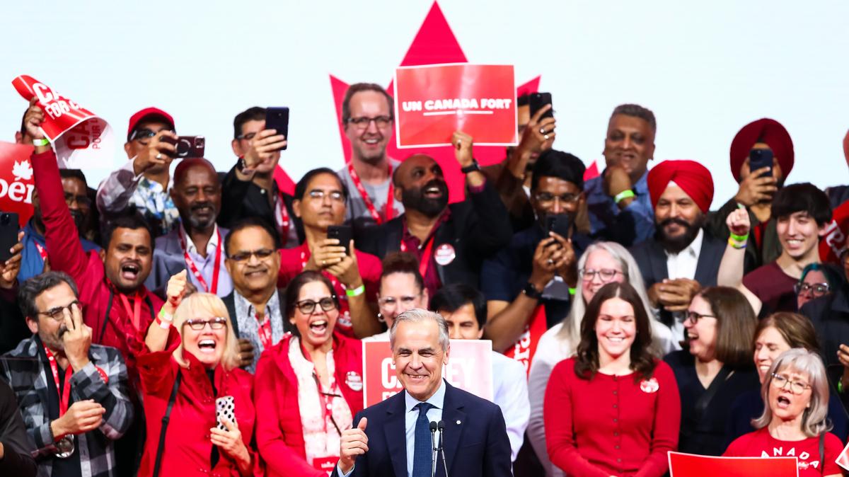 Prime Minister Mark Carney of Canada, the Liberal Party leader, speaks to supporters in Ottawa after winning a new term on Monday night, April 28, 2025. In a remarkable turnaround, Canada’s Liberal Party surged in popularity as President Donald Trump took an increasingly aggressive stance toward the country.