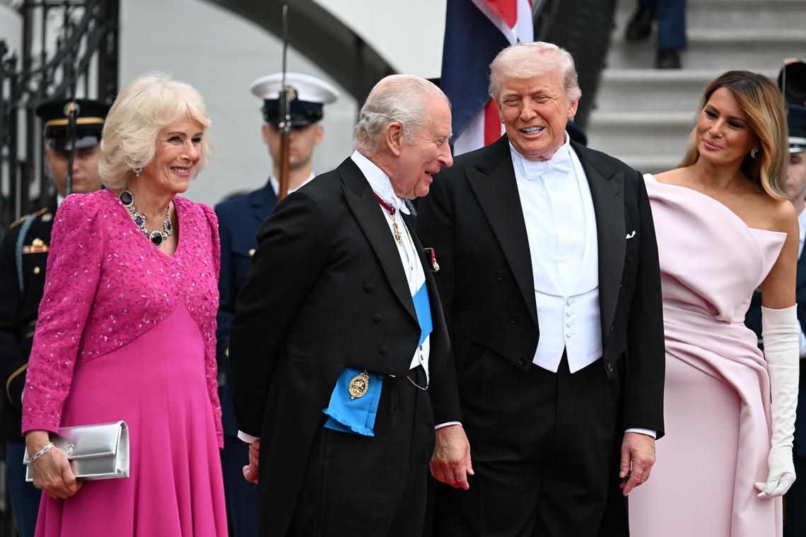 President Donald Trump and first lady Melania Trump, right, greet King Charles III and Queen Camilla of the United Kingdom as they arrive for a state dinner at the White House in Washington, on Tuesday, April 28, 2026. (Kenny Holston/The New York Times)
