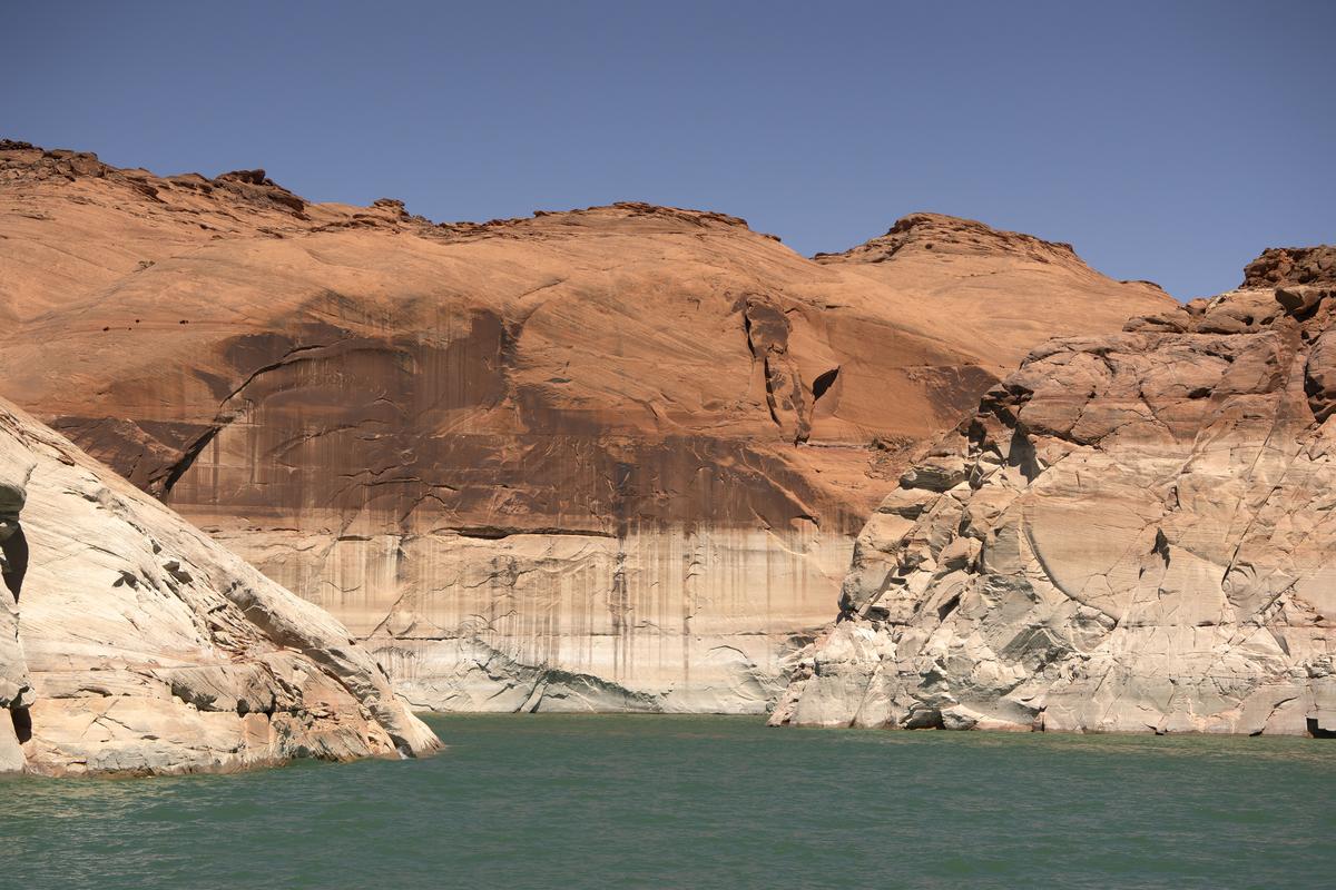  The “bathtub ring,” or the line that denotes the pre-drought condition water levels in Lake Powell, in Page, Arizona, on July 10, 2025. 
